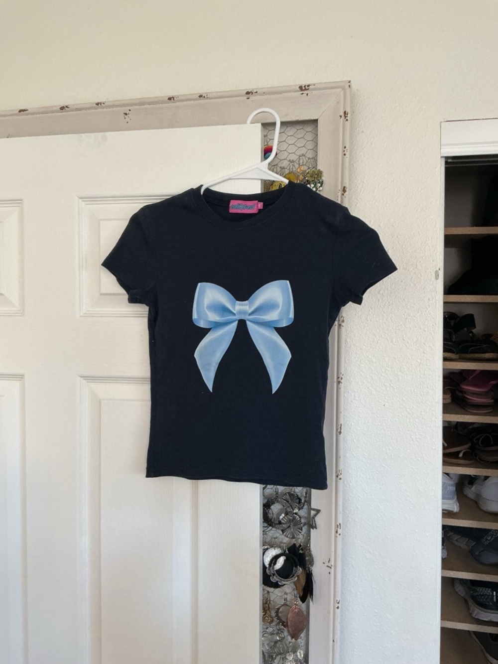 Edikted Black Tee with Pale Blue Bow Graphic